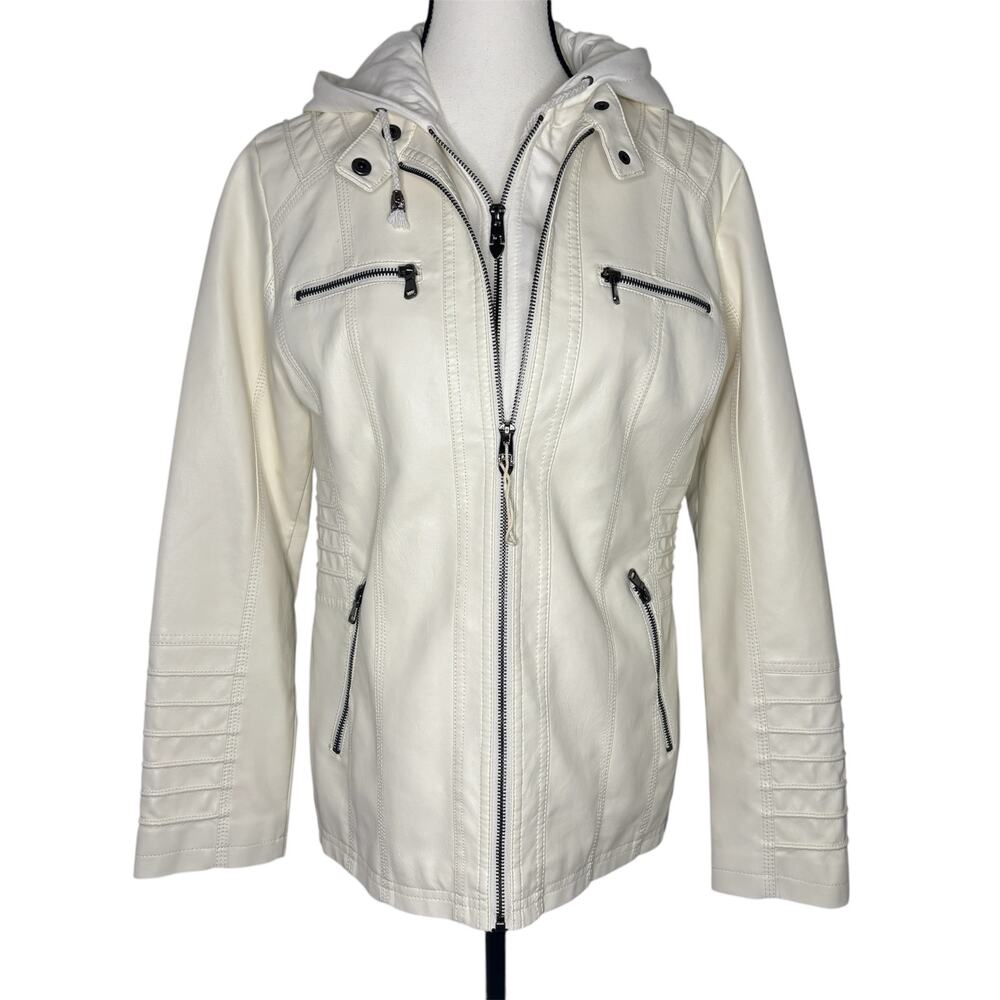 Springrain White Faux Leather Moto Jacket Womens Medium Hooded Biker Style